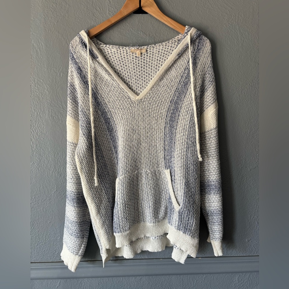 Mystree Cream and Light Blue Striped Knit Hoodie Sweater